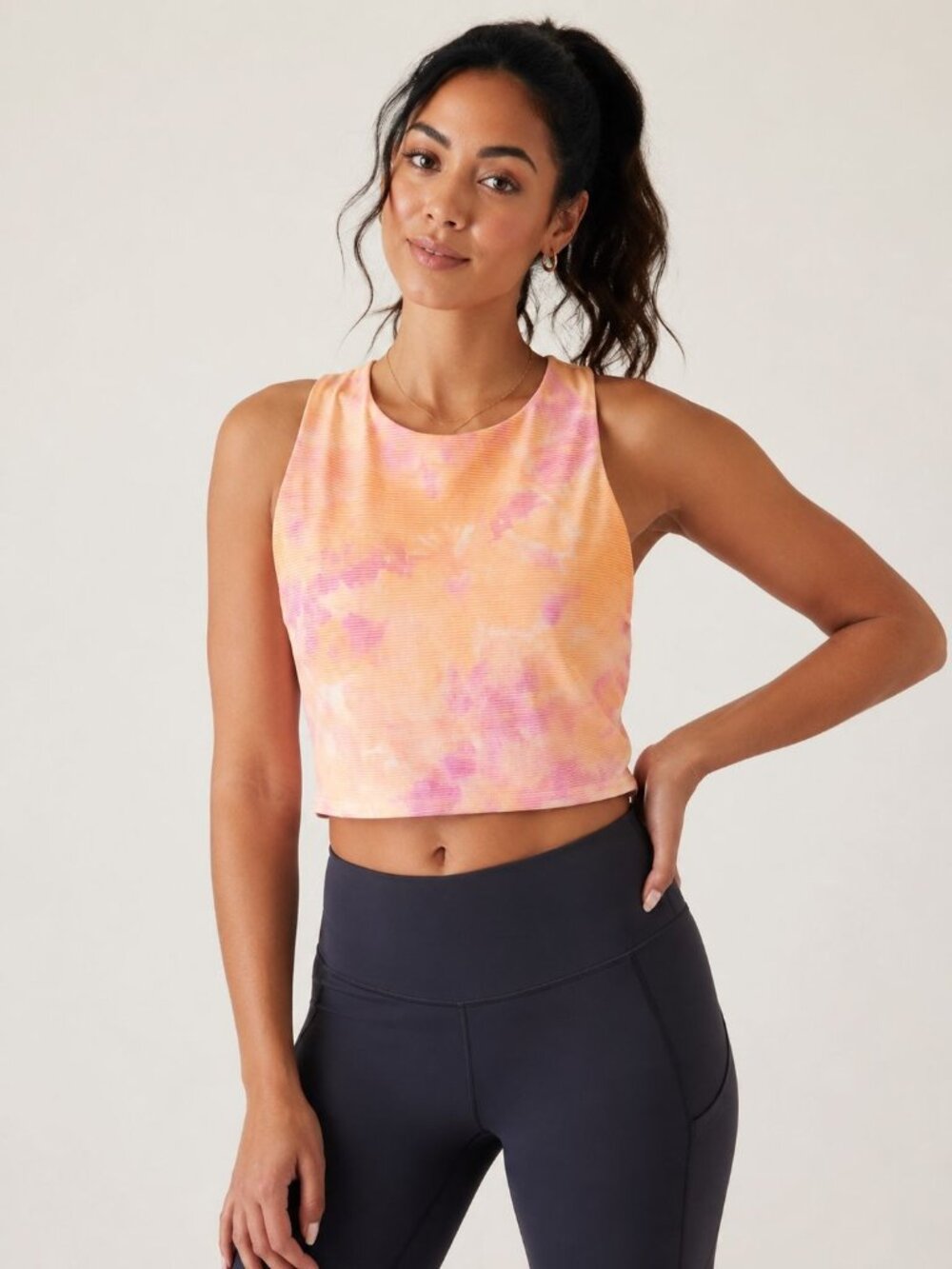 Athleta Conscious Crop tank top pink orange tie-dye  on a ribbed texture Size XL